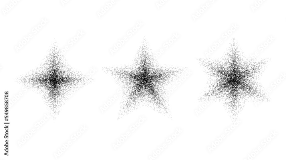 Poster dotted grain star set. black noise texture asterisks collection. black stipple flares. halftone spar