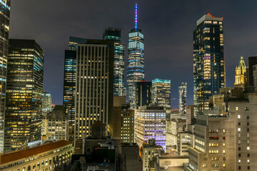New York City. Manhattan downtown skyline skyscrapers at night