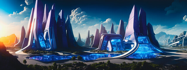Artistic concept illustration of a futuristic space colony, city, background illustration.