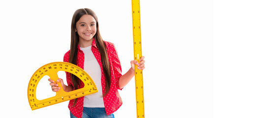 happy teen girl hold protractor ruler study math at school isolated on white, education. Banner of...