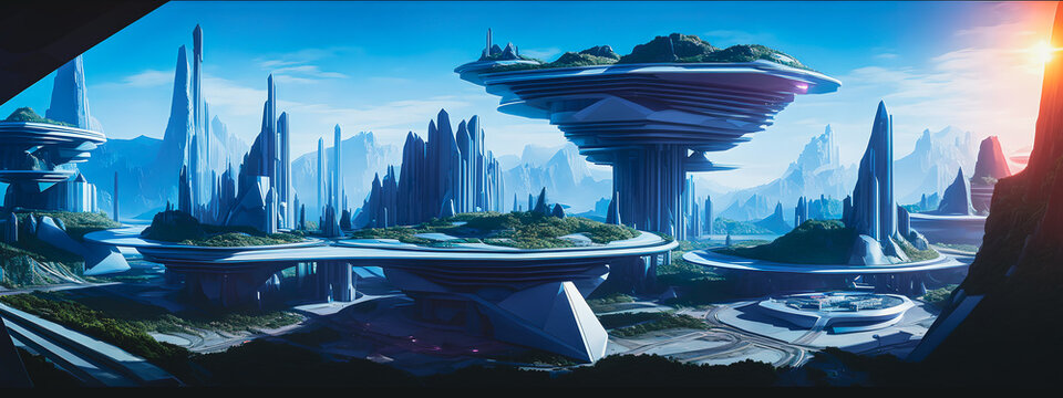 Artistic concept illustration of a futuristic space colony, city, background illustration.