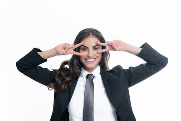 Business woman with victory sign. Happy positive funny businesswoman show victory v-sign gesture...