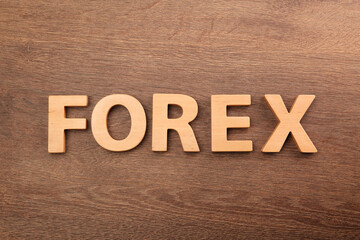 Fototapeta premium Word Forex made of letters on wooden table, top view
