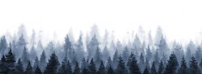 Winter Forest Landscape Panorama. Watercolor illustration isolated on white background.
