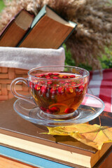 Cup of tea with hawthorn berries on books outdoors