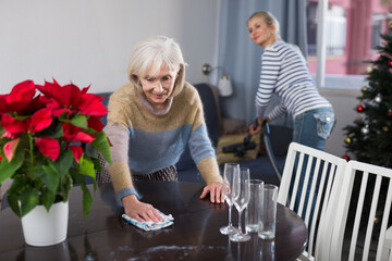 Hardworking mature woman and her adult daughter clean up the apartment before Christmas