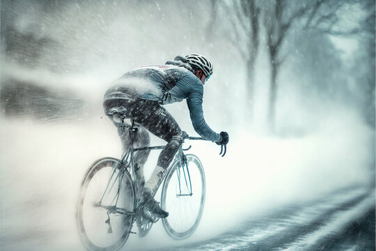 Man riding a bicycle in winter, snow, extreme sport, Generative AI 