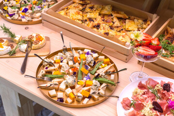 Gourmet food, snacks and finger food appetizers from different cuisines