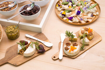 Fototapeta na wymiar Gourmet food, snacks and finger food appetizers from different cuisines