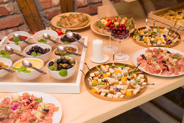 Gourmet food, snacks and finger food appetizers from different cuisines