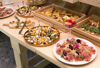 Gourmet food, snacks and finger food appetizers from different cuisines