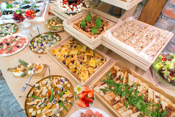 Gourmet food, snacks and finger food appetizers from different cuisines