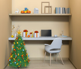chrismas tree and gift and laptop on table  in  work room. 3D render