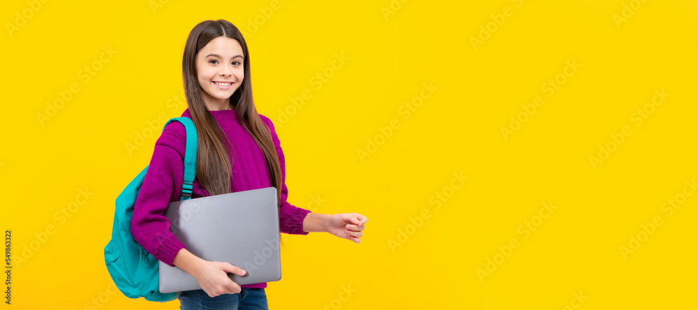 Wall mural School child. Distance learning online distance education, studying remotely. School girl portrait with laptop, horizontal poster. Banner header with copy space.