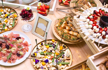 Gourmet food, snacks and finger food appetizers from different cuisines