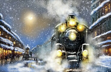 Old steam locomotive arrives at the station in the old city, night city, moon. Christmas train, winter evening in the old town, snowy weather, view of the city. Digital watercolor paintings. © yaroslavartist