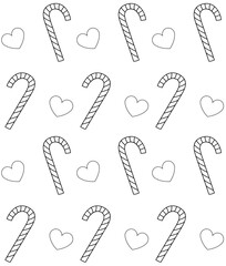 Vector seamless pattern of flat outline christmas mint candy and hearts isolated on white background