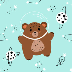Naklejka premium Seamless pattern with bear in space, bear astronaut, bear flying in space, children's illustrations on the theme of space