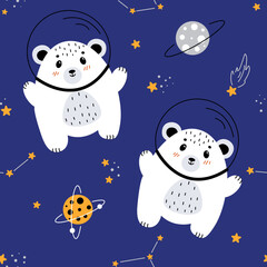 Seamless pattern with bear in space, bear astronaut, bear flying in space, children's illustrations on the theme of space