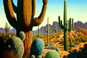 Saguaro Cacti oil painting, Tucson, Arizona. - obrazy, fototapety, plakaty