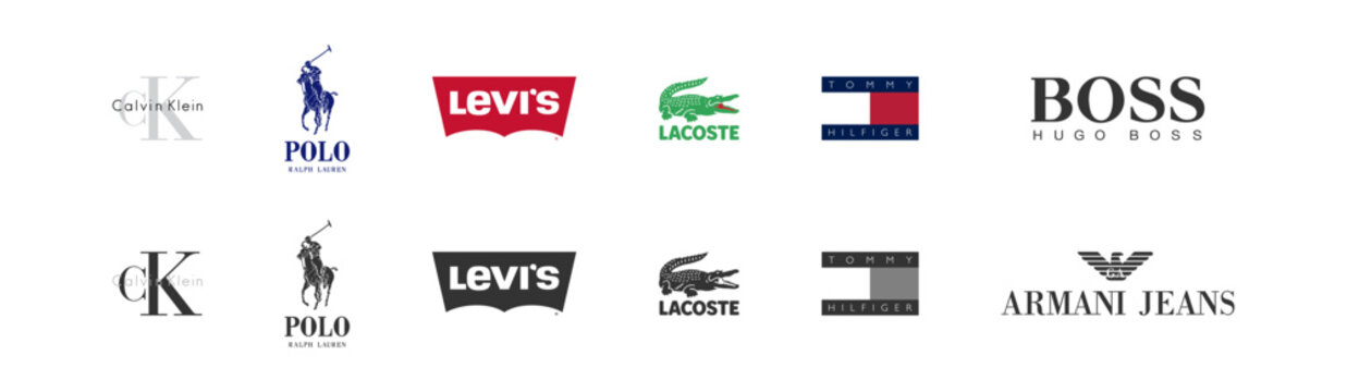 Top fashion brand emblem logo set. Set of most popular logo: Levis, Lacoste, Calvin Klein, Tomy Hilfinger, Armani Jeans, Polo Ralph Lauren editorial in vector flat style.