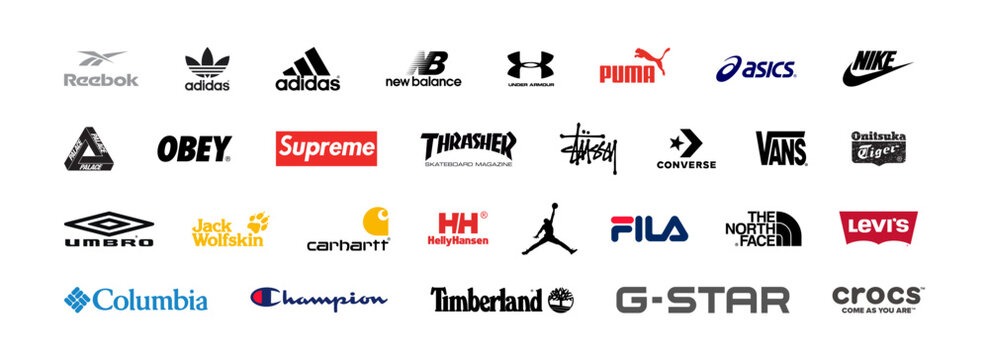 Top popular sportswear brands emblem logo set. Collection logos: Nike, Adidas, Under Armour, Puma, Columbia Sportswear, ASICS, The North Face, Converse, Fila, New Balance editorial in vector flat.
