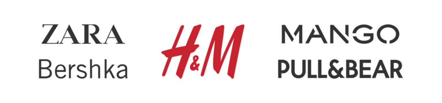 Collection vector logo popular clothing brands Top fashion brand emblem logo set: Zara, H&M, Bershka, Mango, Pull&Bear editorial in vector flat style.