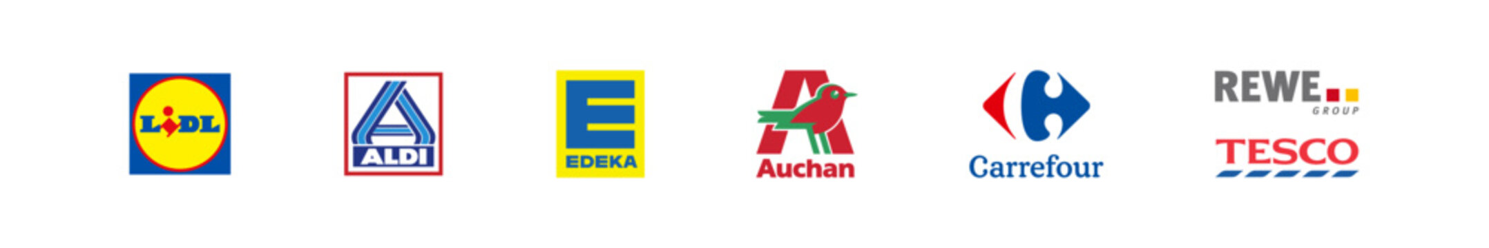 Top popular shop logos. Largest food retailers in the world: LIDL, Auchan, ALDI, EDEKA, Carrefour, TESCO, REWE group editorial in vector flat style.