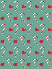 Vector seamless pattern of flat outline christmas mint candy and hearts isolated on mint green background