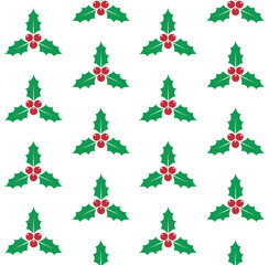Vector seamless pattern of flat Christmas holly berry isolated on white background