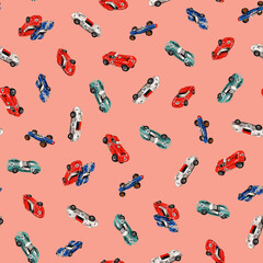 Hand drawn old racing car seamless pattern,