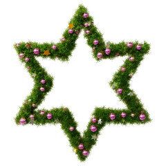 Cute and beautiful christmas wreath of hexagram shape frame with shiny stars and pink orbs, on transparent background (RGBA 3D Rendering PNG)	
