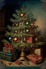 Illustration of a beautifuly decorated christmas tree with ornaments and christnas gifts in a vistorian style