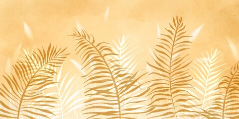 Obraz premium Tropical palm leaves wallpaper. Trendy interior mural sunset colours.Fresco concept. Watercolor and artist brushes.