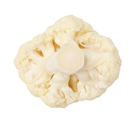 Cut fresh raw cauliflower on white background, top view