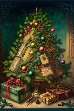 Illustration of a beautiful victorian style christmas tree decorated with presents and christmas ornaments, calid colors
