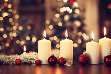 white candles on a Christmas table with Christmas decorations with a Christmas tree and lights in the background