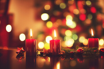 red candles on a Christmas table with Christmas decorations with a Christmas tree and lights in the background