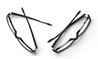 contemporary / modern pair of black hipster glasses in two different positions, business / lifestyle design elements isolated over a transparent background, top view / flat lay for your desk scenes