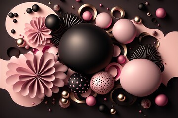 Black and pink holiday background with baubles and ribbon, generative art