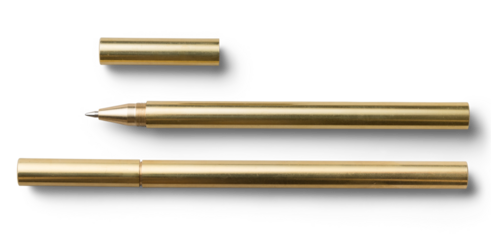 minimalist golden / brass ballpoint pen - open with separate cap and closed - isolated on a transparent background, design element, top view for your flatlays and scenes