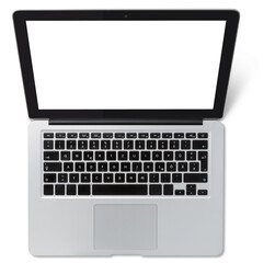 contemporary / modern silver colored slim laptop computer with black keyboard and screen, isolated over a transparent background, mockup with cut-out screen for your contents, top view / flatlay
