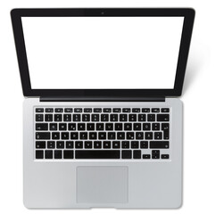 contemporary / modern silver colored slim laptop computer with black keyboard and screen, isolated...