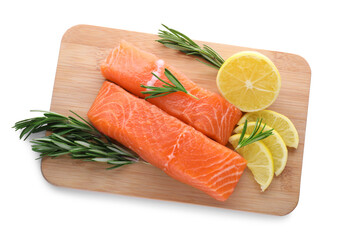 Pieces of fresh raw salmon, rosemary and lemon slices isolated on white, top view