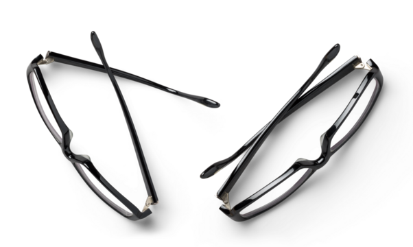 contemporary / modern pair of black hipster glasses in two different positions, business / lifestyle design elements isolated over a transparent background, top view / flat lay for your desk scenes