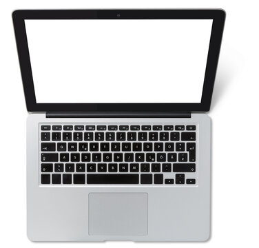 Contemporary / Modern Silver Colored Slim Laptop Computer With Black Keyboard And Screen, Isolated Over A Transparent Background, Mockup With Cut-out Screen For Your Contents, Top View / Flatlay