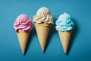 three ice cream cone with strawberry, vanilla and mint flavours