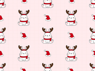 Rabbit Christmas cartoon character seamless pattern on pink background