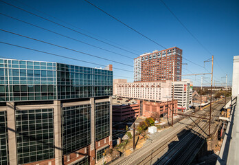 Obraz premium View of Downtown New Brunswick, New Jersey on a clear sunny fall day from above