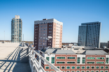 Obraz premium View of Downtown New Brunswick, New Jersey on a clear sunny fall day from above